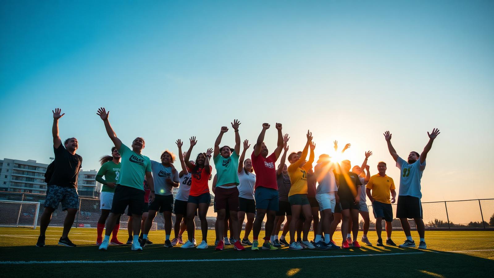 Local athletes celebrating together after a community match